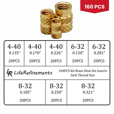 Heat Set Brass Threaded Inserts for Plastic Kit, 160Pcs, 4-40 6-32 8-32 Inch, knurled nut inserts shown with size chart