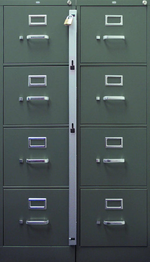 Two Drawer Filing Cabinet File Bar In Gray, 22.5 Inch Length, installed on green cabinets for secure locking, drill bit not included