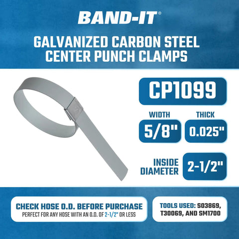Heavy Duty Galvanized Carbon Steel Center Punch Clamp Five Eighths Inch Wide And Zero Point Zero Two Five Inch Thick Two And One Half Inch Diameter Medium Strength Band Clamp For General Plant Maintenance And Emergency Field Repairs Pack Of Fifty