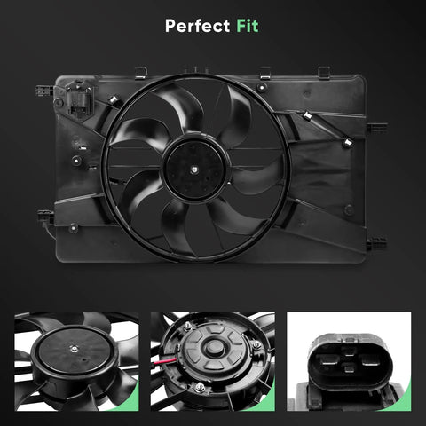 Straight Shot Engine Cooling Fan Assembly Compatible With Buick Verano 2.4L And Chevy Cruze 1.4L 1.8L, black fan with 4 pin plug.