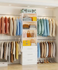 Walk In Closet Organizer Tower With Adjustable Shelves And Four Expandable Hanging Rods, Modular Drawer Closet System In White For Four To Eight Foot Spaces, Space Saver For Clothes And Accessories.