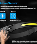 Rechargeable LED Headlamp Two Pack With 230 Degree Wide Beam Motion Sensor shown with brightness and battery life info