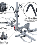 Diagram of Dope 2-Bike Hitch Rack For Car With Quick Release Handle, showing twist lock, anti-slip grip, velcro strap, and reflective plug.