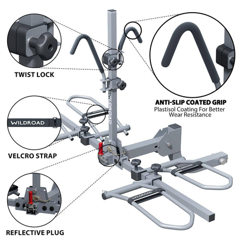 Diagram of Dope 2-Bike Hitch Rack For Car With Quick Release Handle, showing twist lock, anti-slip grip, velcro strap, and reflective plug.