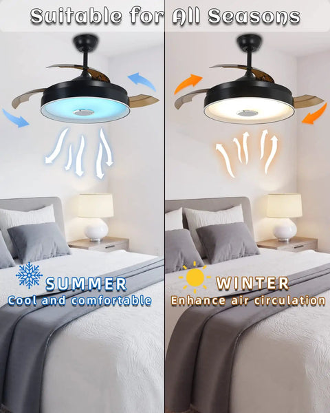Dope Retractable Bluetooth Ceiling Fan With Light And Speaker, 42 Inch, 6 Speed, mode display for summer and winter use.