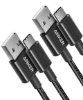 Two braided black Anker USB-A to USB-C charging cables, 3 ft long.
