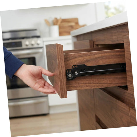 2 Sets Bottom Mount Drawer Slides Iron Soft Close Cabinet Rails For Kitchen Dresser Office Heavy Duty Glide Hardware With Smooth Quiet Operation Durable Steel Construction For Long Lasting Use With Quiet Smooth Glide System installed on a wood drawer