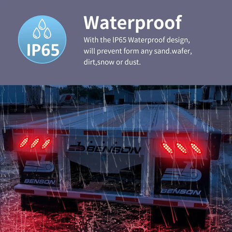 LED lights on a trailer in rain showcasing IP65 waterproof feature for All In One 6 Inch Oval LED Trailer Lights Kit Two Pack With Ten High Brightness LEDs For Marker Lights, Brake Lights, Stop Turn Signals, Waterproof Tail Lights For Trucks Trailers RVs Boats.