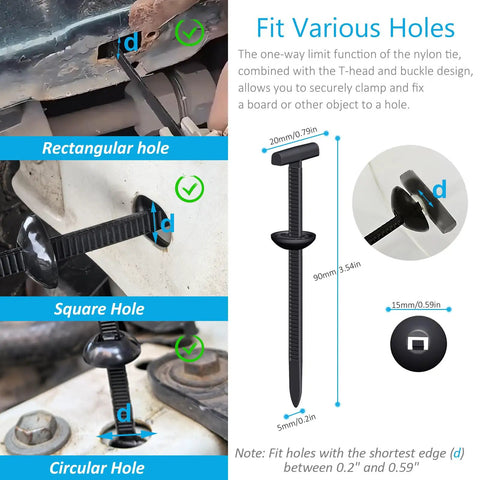 Diagram showing Heavy Duty Nylon Universal Cable Tie Buckles Kit With Self Locking T Rivet Zip Tie Clips fitting various hole shapes on car parts.