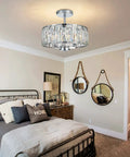 Crystal Drum Ceiling Light Fixture 13 Inch Flush Mount Chandelier With Chrome Finish Glam Crystal Beaded Ceiling Lamp in bedroom
