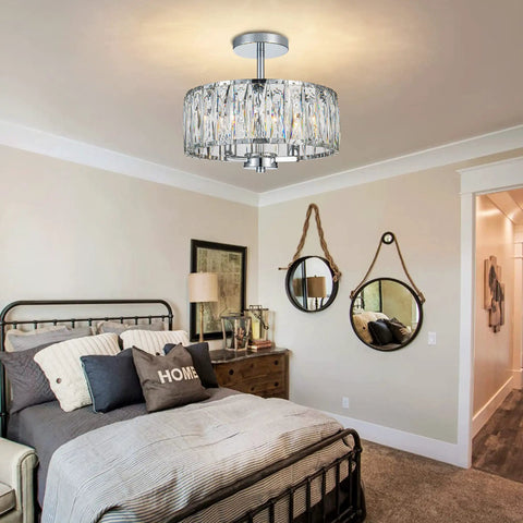 Crystal Drum Ceiling Light Fixture 13 Inch Flush Mount Chandelier With Chrome Finish Glam Crystal Beaded Ceiling Lamp in bedroom