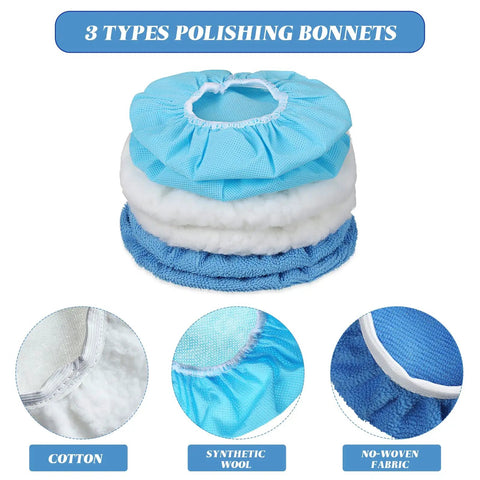 Premium Quality Microfiber Orbital Buffer Pads For Car Polisher Bonnet Cover 20 Pack Blue detailed view of three types of polishing bonnets