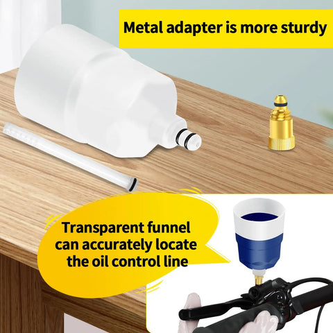 Hydraulic Disc Brake Bleed Kit for Magura Systems with metal adapter and transparent funnel for oil monitoring shown on table