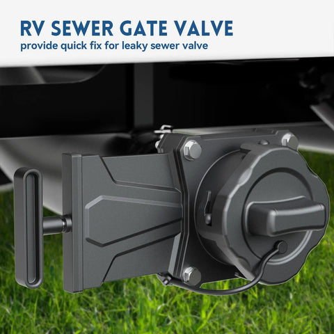 RV Sewer Gate Valve With Leak-Proof Cap And Flow Control Handle attached to RV drain pipe.