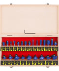 24 Piece Quarter Inch Shank Tungsten Carbide Router Bit Set in wooden case, showcasing various bits for woodworking pros and beginners.