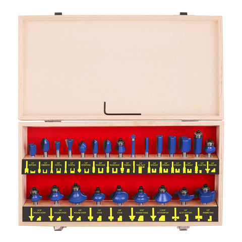 24 Piece Quarter Inch Shank Tungsten Carbide Router Bit Set in wooden case, showcasing various bits for woodworking pros and beginners.