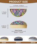 Product size and color options for Boho Chic Dope 2 Pack Cabinet Handles With 3 Inch Hole Center Semicircle Drawer Pulls In Gold Solid Zinc Alloy Hardware For Kitchen Bathroom Dresser Floral Folk Art Inspired Pattern.