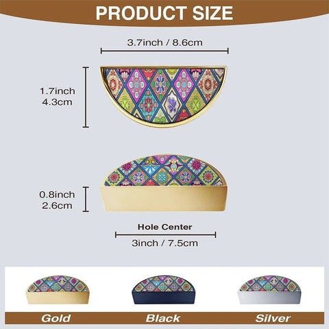 Product size and color options for Boho Chic Dope 2 Pack Cabinet Handles With 3 Inch Hole Center Semicircle Drawer Pulls In Gold Solid Zinc Alloy Hardware For Kitchen Bathroom Dresser Floral Folk Art Inspired Pattern.