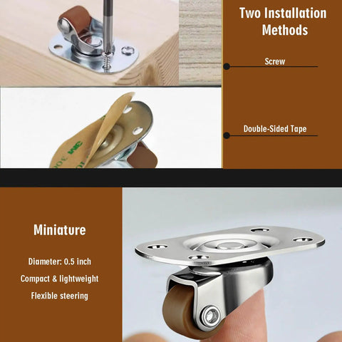 1/2 Inch Mini Swivel Caster Wheels Set Of 8 With 360 Degree Ball Bearings for easy installation options on wood and tape.