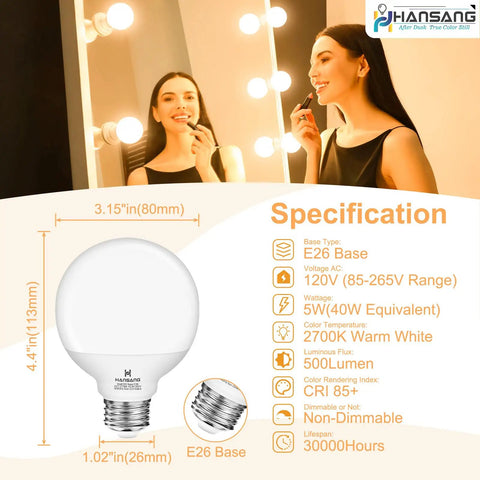G25 LED Vanity Light Bulbs 5W 40W Equivalent, 2700K Warm White, Globe Shape, E26 Base, Non Dimmable, 4 Pack bathroom use