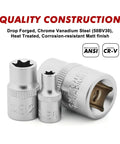 Close-up of three Heat Treated Matte Finish Size Stamped Sockets from Heavy Duty Female E Torx Socket Set E4 To E24 With One Quarter Three Eighths And One Half Inch Drives Drop Forged Chrome Vanadium Steel