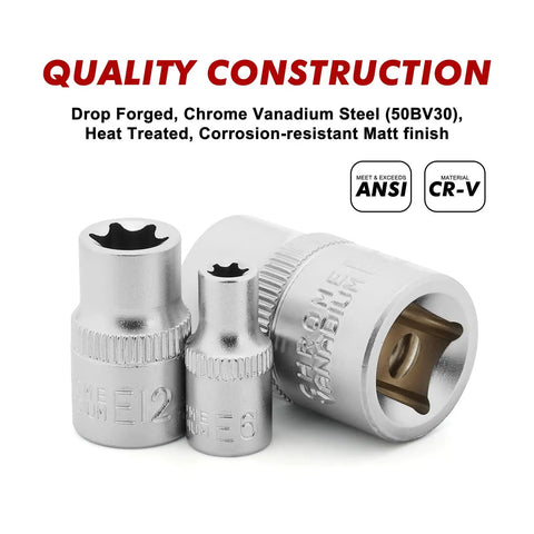 Close-up of three Heat Treated Matte Finish Size Stamped Sockets from Heavy Duty Female E Torx Socket Set E4 To E24 With One Quarter Three Eighths And One Half Inch Drives Drop Forged Chrome Vanadium Steel