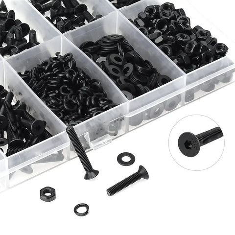 560 Pc M3 To M20 Countersunk Socket Cap Screws Kit With Hex Nuts, Lock Washers And Flat Washers, 10.9 Grade Black Alloy Steel