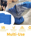 Man wrapping furniture with Ultra Large 80 By 72 Inch Moving Blankets 12 Pack Beefy Heavy Duty Furniture Pads, blue and black, reusable