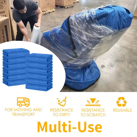 Man wrapping furniture with Ultra Large 80 By 72 Inch Moving Blankets 12 Pack Beefy Heavy Duty Furniture Pads, blue and black, reusable