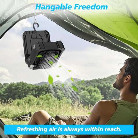 Solar Powered Camping Fan With 10000mAh Battery USB Rechargeable Portable Quiet Cordless Fan With Light hanging in tent