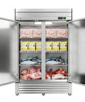 Heavy Duty Two Door Reach In Commercial Freezer 49 Cu Ft Stainless Steel with seafood and meats on shelves.