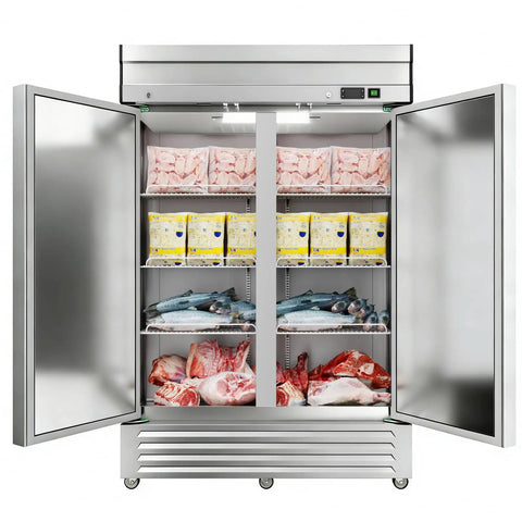 Heavy Duty Two Door Reach In Commercial Freezer 49 Cu Ft Stainless Steel with seafood and meats on shelves.