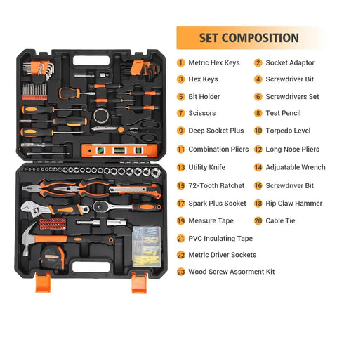 247 Piece Home And Auto Repair Tool Kit With Plastic Toolbox Storage Case showcasing various tools organized inside the case