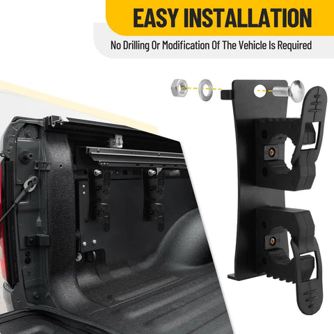 Heavy Duty Bed Rail Mount Brackets For Toyota Tacoma Truck Shovel Axe Tool Holder installed without drilling on truck bed.
