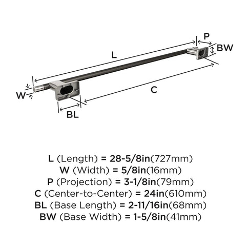 Technical diagram of Dope 24 Inch Towel Bar In Polished Nickel Gunmetal Finish For Bathrooms Esquire Style Towel Rack with measurements.