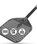 Perforated 12 Inch Pizza Peel, Metal Pizza Turner For All Ovens, Indoor Outdoor Use, Lightweight and Durable Anodized Aluminum with Heat Resistant Handle, Easy Slide and Flip Spatula, Black Kitchen Tool.