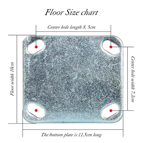 Floor size chart showing dimensions of a metal plate for Heavy Duty Casters 4 Pack With Reliable Brakes Roll Like Butter.