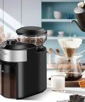 Flat Burr Coffee Grinder With 28 Custom Grind Levels For Espresso And Drip Brews, black design with coffee beans visible.