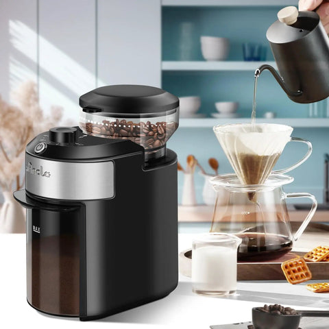 Flat Burr Coffee Grinder With 28 Custom Grind Levels For Espresso And Drip Brews, black design with coffee beans visible.