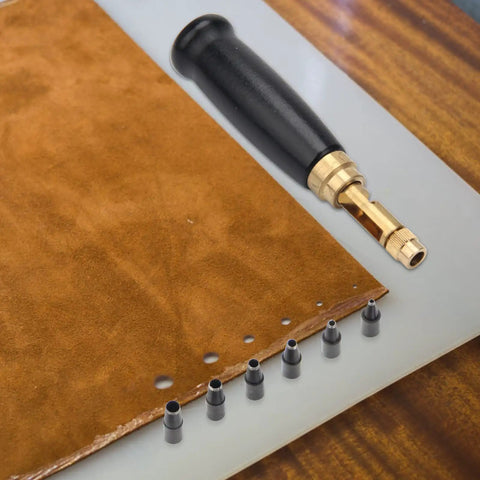 Dope Leather Hole Punch Kit With Six Size Tips 1.5Mm 2Mm 2.5Mm 3Mm 3.5Mm And 4Mm For Belts, Watch Bands, and Handbags, Wood Handle Adjustable