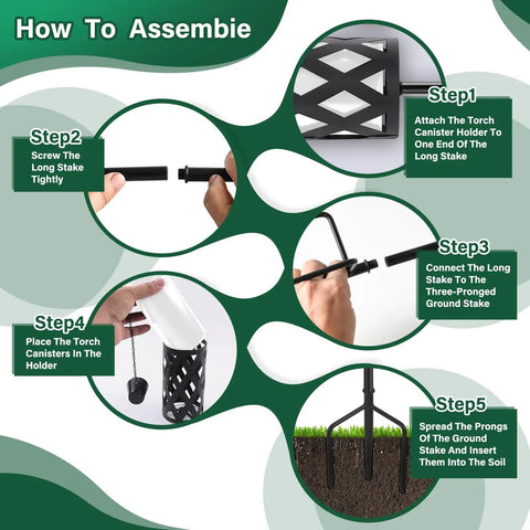 Citronella Outdoor Torches Set Of 6 White 16 Oz Each With 59 Inch Metal Poles And 3 Prong Grounded Stakes For Backyard Patio Garden Decor assembly instructions.