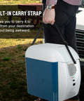 Portable 12V Thermoelectric Cooler And Warmer With 7.5 Quart Capacity Compact Mini Fridge being carried using the built-in strap.