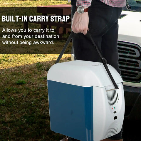 Portable 12V Thermoelectric Cooler And Warmer With 7.5 Quart Capacity Compact Mini Fridge being carried using the built-in strap.