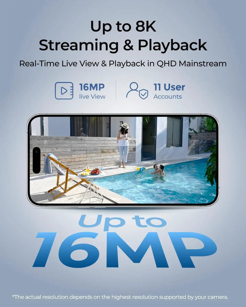 All In One Home Hub Pro Centralized Control For Up To 24 Cams With 16TB Total Storage shown streaming 16MP pool view on phone