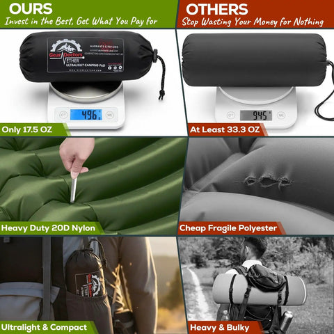 Comparison of Ultralight Camping Sleeping Pad 17.5 Oz Compact Inflatable Mattress with heavier, less durable options.