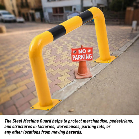 Heavy Duty Steel Machine Guard Barrier for Industrial Use, 48 Inch Long by 24 Inch High, yellow with black stripe installed outdoors.