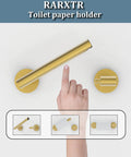 Gold 2 Pack Pivoting Toilet Paper Holder In SUS304 Stainless Steel Wall Mounted Double Post Tissue Roll Holder For Commercial Bathrooms And RVs Rustproof And Built To Last displayed with hand for size reference.