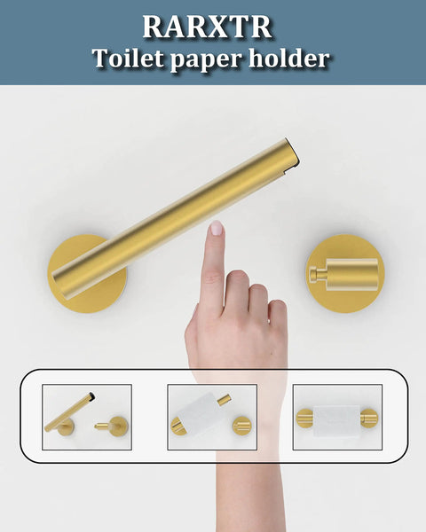 Gold 2 Pack Pivoting Toilet Paper Holder In SUS304 Stainless Steel Wall Mounted Double Post Tissue Roll Holder For Commercial Bathrooms And RVs Rustproof And Built To Last displayed with hand for size reference.
