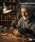 Man carving wood with Pro Grade Cut Resistant Gloves Level 5 Food Safe With Stainless Steel Wire, woodshop setting