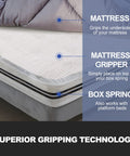 Heavy Duty Queen Mattress Gripper Pad With Dual Sided Nonslip Rubber Base To Keep Your Bed Locked Tight And Put An End To That Pesky Bed Frame Slide Every Night shown under mattress and box spring for grip.